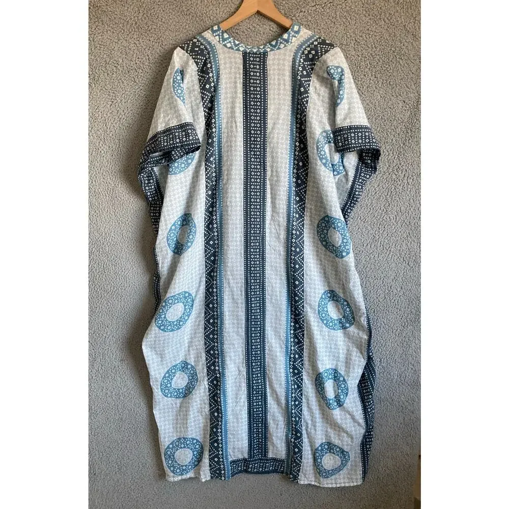 Emerson Fry Maxi Dress Caftan One Size Geometric Oversized Blue Boho Hippie - Picture 8 of 16